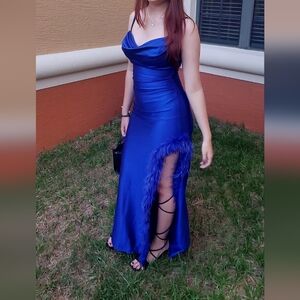 Honey and Rosie Royal Blue Prom Dress with Feather Detail